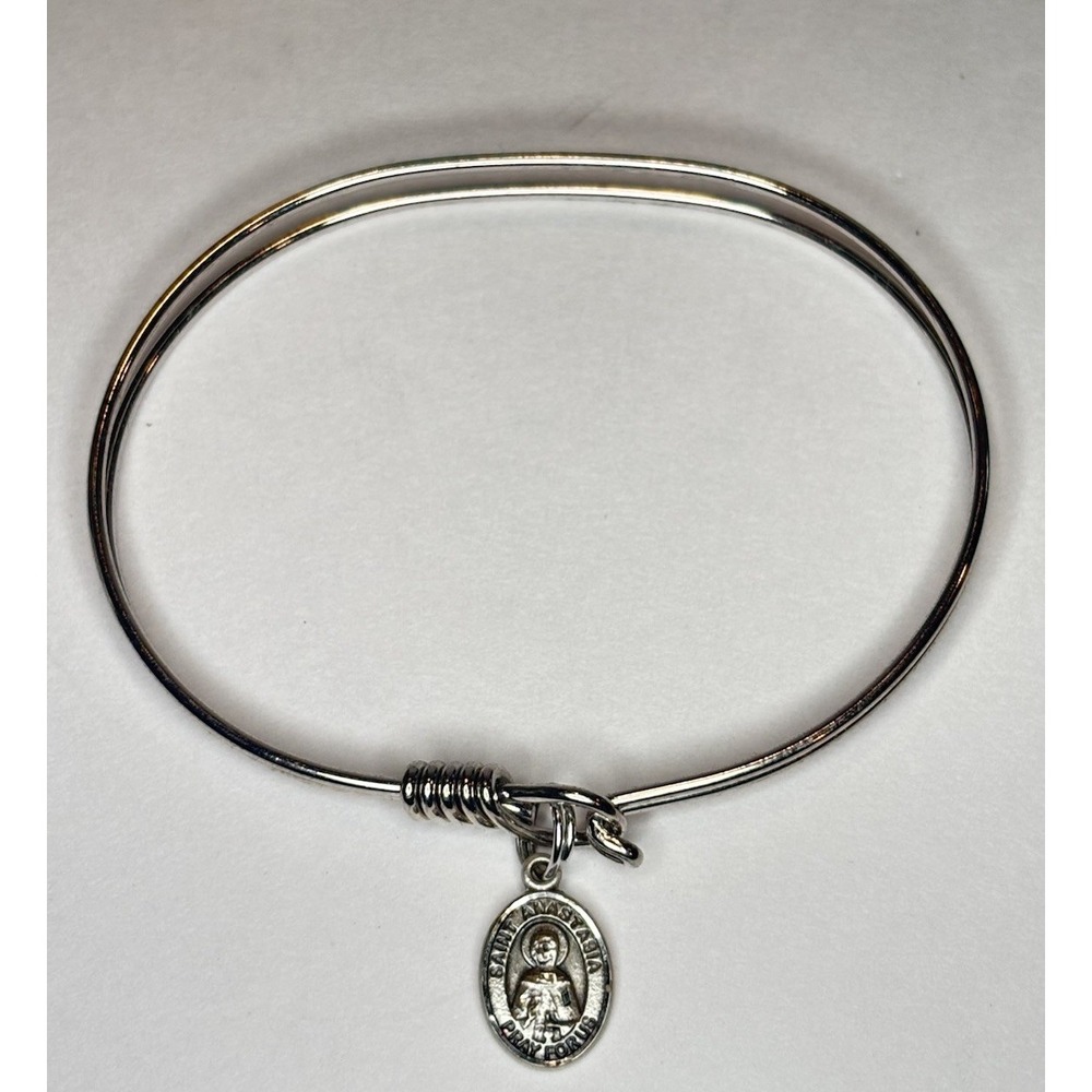 Sterling St. Anastasia Catholic Charm Wire Bangle Bracelet Silver Tone
